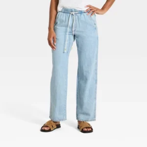Elastic Waist Light Wash Drawstring Jeans