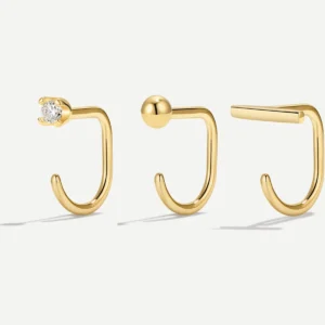 Gold Open-Hoop Nose Ring Set – CZ Crystal, Ball & Bar Studs